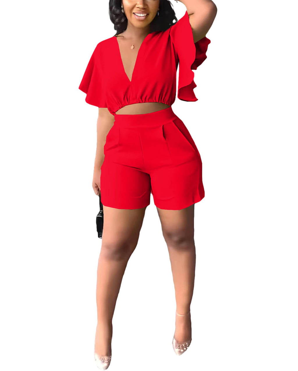 Womens Summer Two Piece Shorts Outfit Sexy Crop Top Butterfly Sleeve 2 pc Short Set Vacation Brunch Matching Set