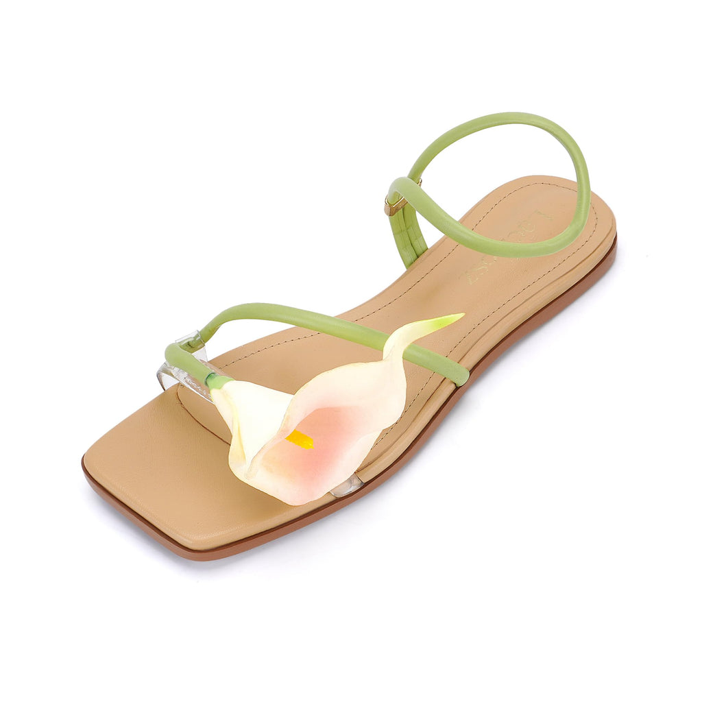 LACIKOSZ Flower Kitten Heel Sandals for Women Calla Lily Green Heels Square Open Toe Floral Strappy Low Heel Sandals Summer Dressy Wedding Shoes