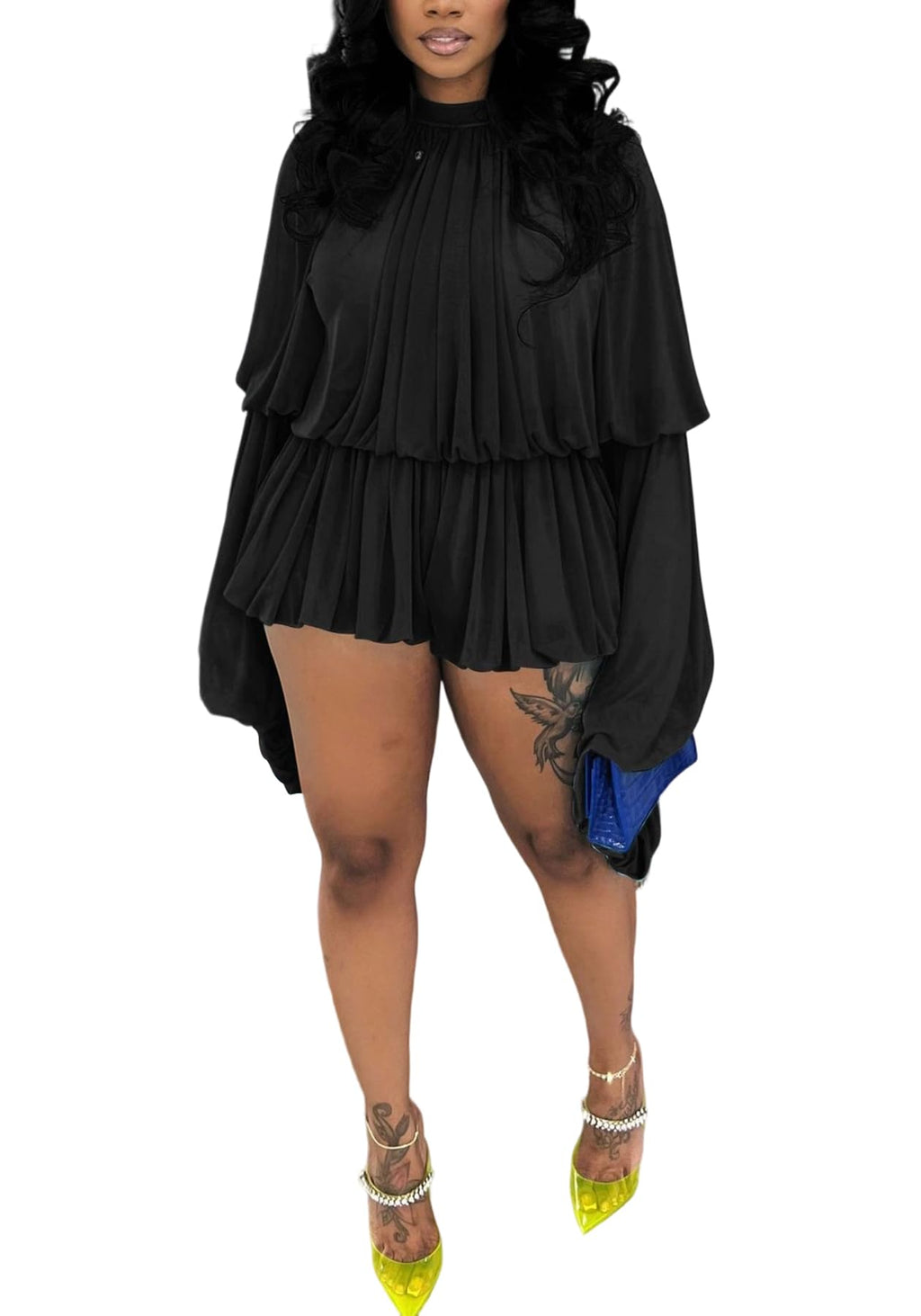 LETSVDO Shorts Sets Women 2 Piece Outfits Mock Neck Bell Sleeve Chiffon Top Blouse Pleated Ruffle Bubble Short Set Romper