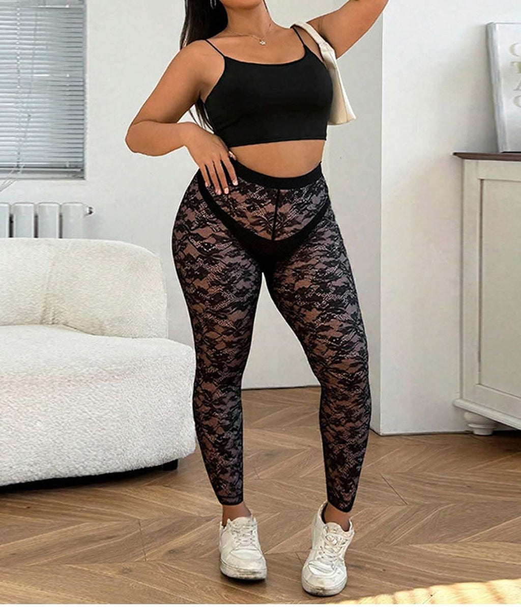 Women's Sexy See Through Sheer Mesh Pants Leggings High Waist Casual Sweatpants Tights
