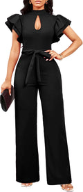 SxClub Jumpsuits for Women Dressy Formal Ruffle Long Straight Pants Jumpers | Women's Wedding Guest Jumpsuit Casual Ruffles Cap Short Sleeve Wide Leg Pants Club Outfit