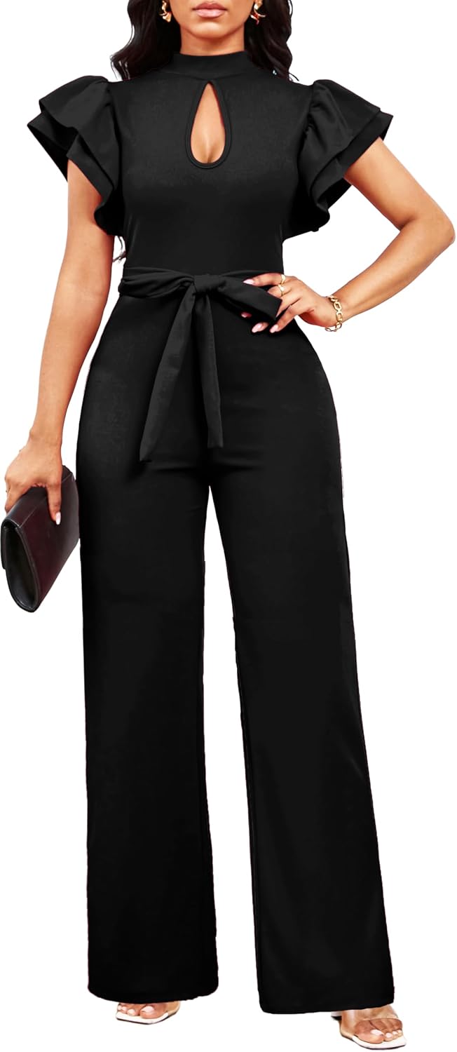 SxClub Jumpsuits for Women Dressy Formal Ruffle Long Straight Pants Jumpers | Women's Wedding Guest Jumpsuit Casual Ruffles Cap Short Sleeve Wide Leg Pants Club Outfit
