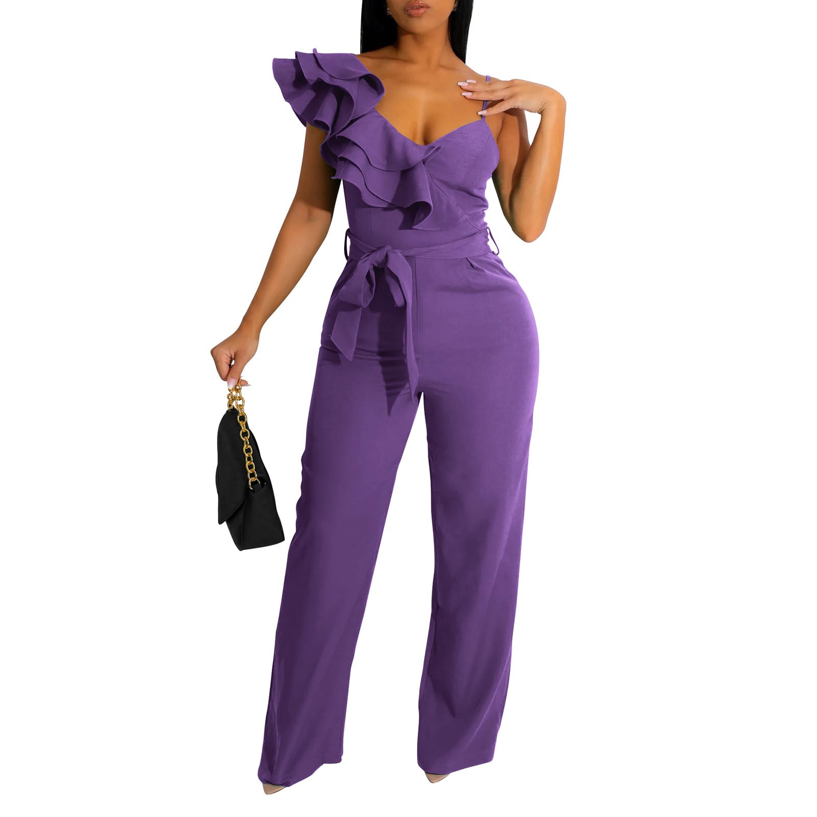 kaimimei Womens Casual Jumpsuits Ruffle One Shoulder Wide Leg Belted Romper | Designed with Pockets,Adjustable Strap,Sexy V-Neck Sleeveless,Backless,for Parties, Clubs,Wedding,Event,Outing