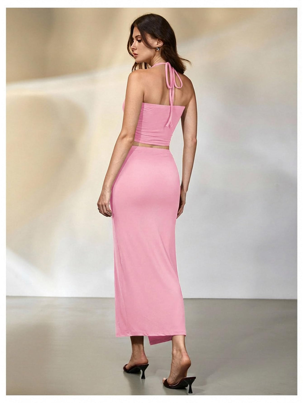 Verdusa Women's 2 Piece Set Summer Vacation Outfits Going Out Matching Set | Ruched Crop Halter Top, Asymmetrical Slit Long Skirt, Two Piece Skirt Set for Women, Summer Sets