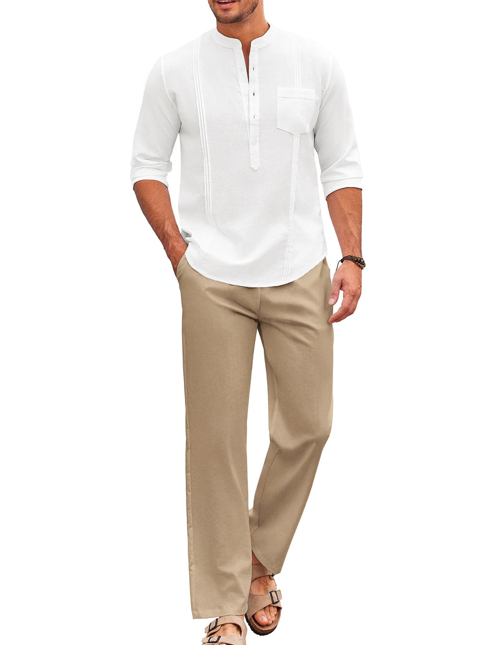 COOFANDY Men's 2 Piece Cotton Sets Casual Long Sleeve Cuban Henley Shirt and Loose Pants Set Beach Vacation Outfits