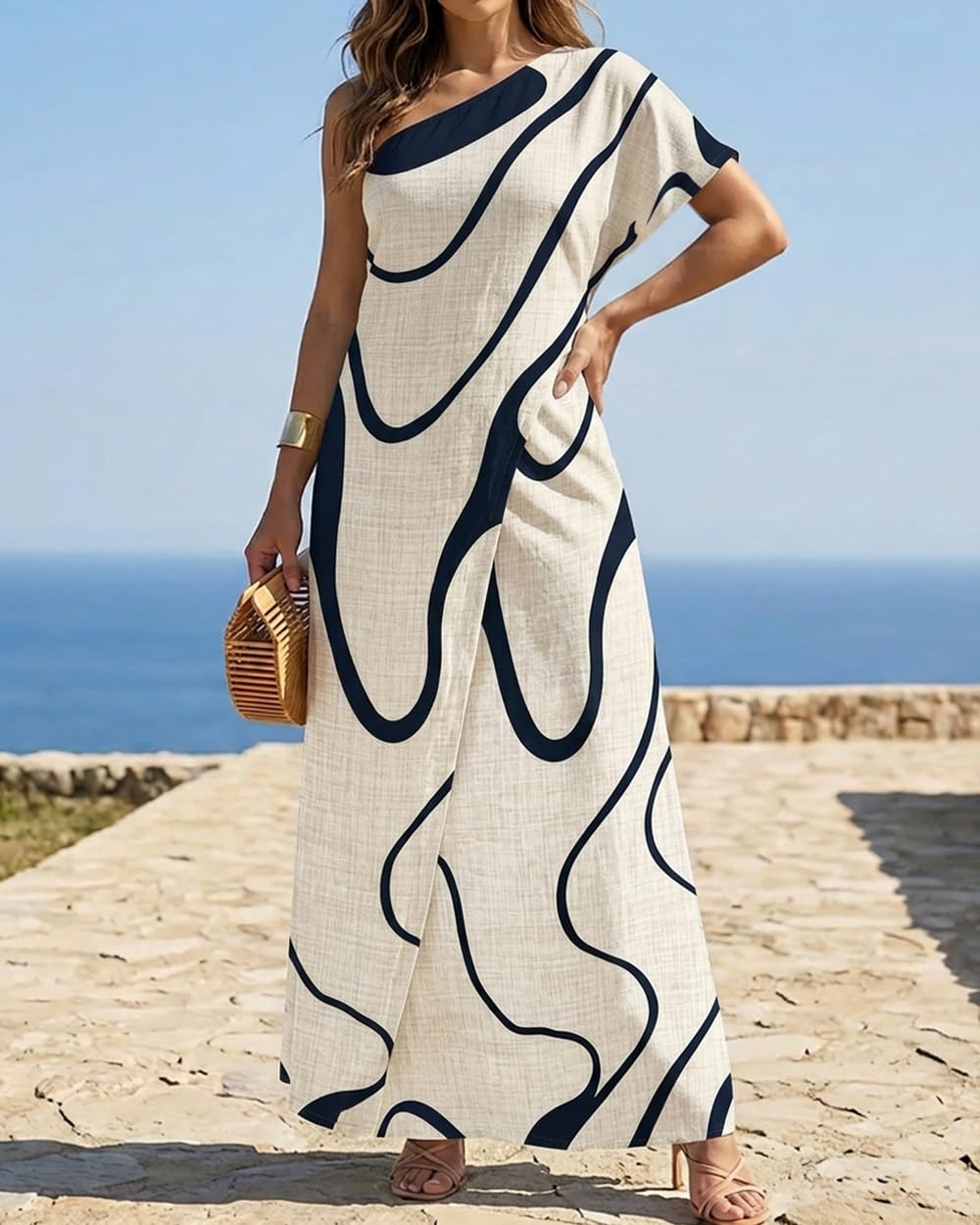 CHICME Maxi Dresses for Women Abstract Print Summer Dress | Womens Summer Dresses, One Shoulder Boho Dress with Pockets, Faux 2 Piece Casual Dresses, Vacation, Beach Dress Wedding Guest