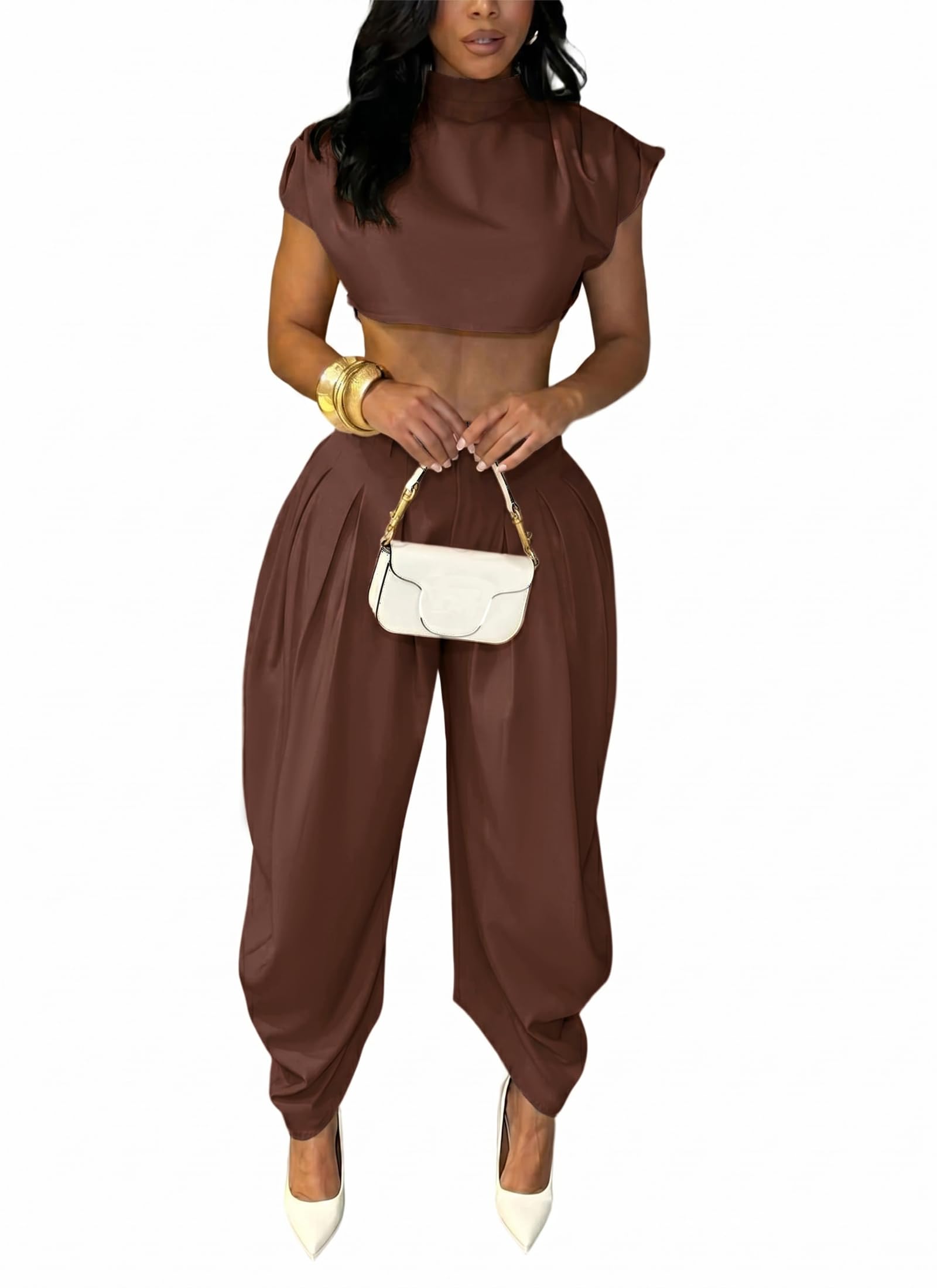 Ekaliy Womens Casual 2 Piece Outfits Cap Sleeve Crop Top Palazzo Pants Set | Mock Neck,Short Sleeve,Zipper-Back Crop Top,High-Waisted Pleated Pants,Wide Leg Dress Pants,2 Piece Sets For Women Dressy
