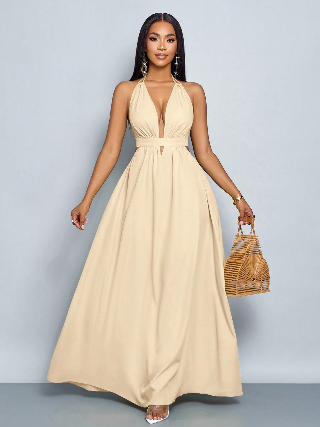 SKAYS Women's Summer Backless Tie-Waist Dress Solid Color Sexy V-Neck Beach Vacation Maxi Dress Formal Party Dress
