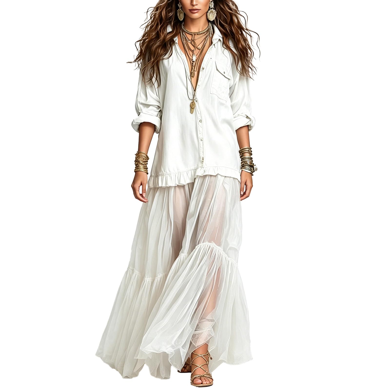Women's Washed Faux Denim Patchwork Maxi Dress with Sheer Layered Skirt Hem Swing Ruffle Jean Dress for Casual Vacations