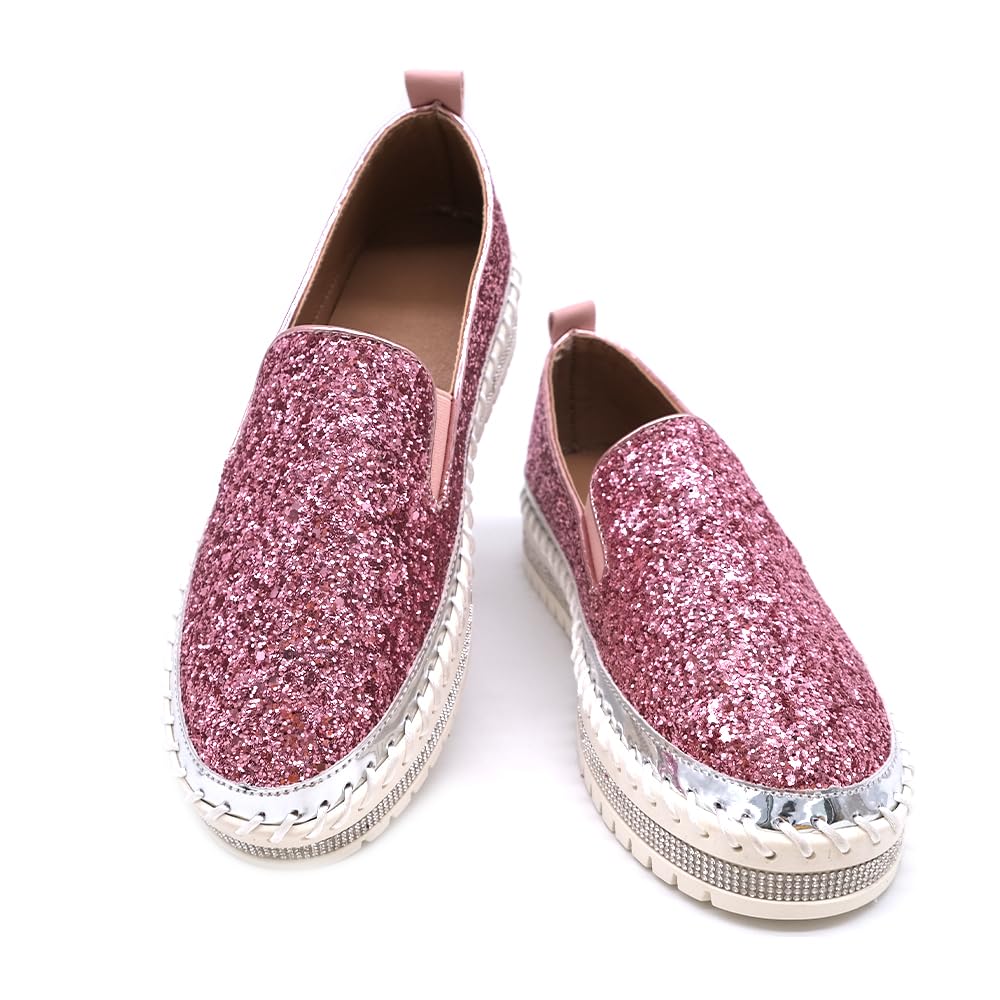 Women's Platform Rhinestones Glitter Fashion Sneakers Comfortable Slip On Flat Loafers Walking Wedding Dress Shoes Casual Shoes