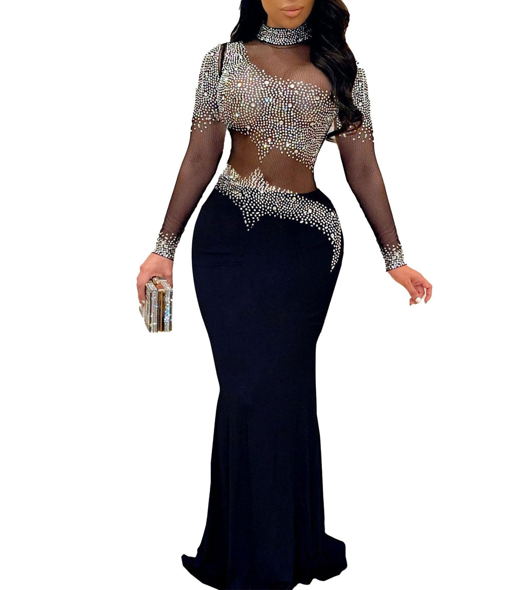 PORRCEY Women's Sexy Elegant Rhinestone Bodycon Dress Hot Drilling Clubwear