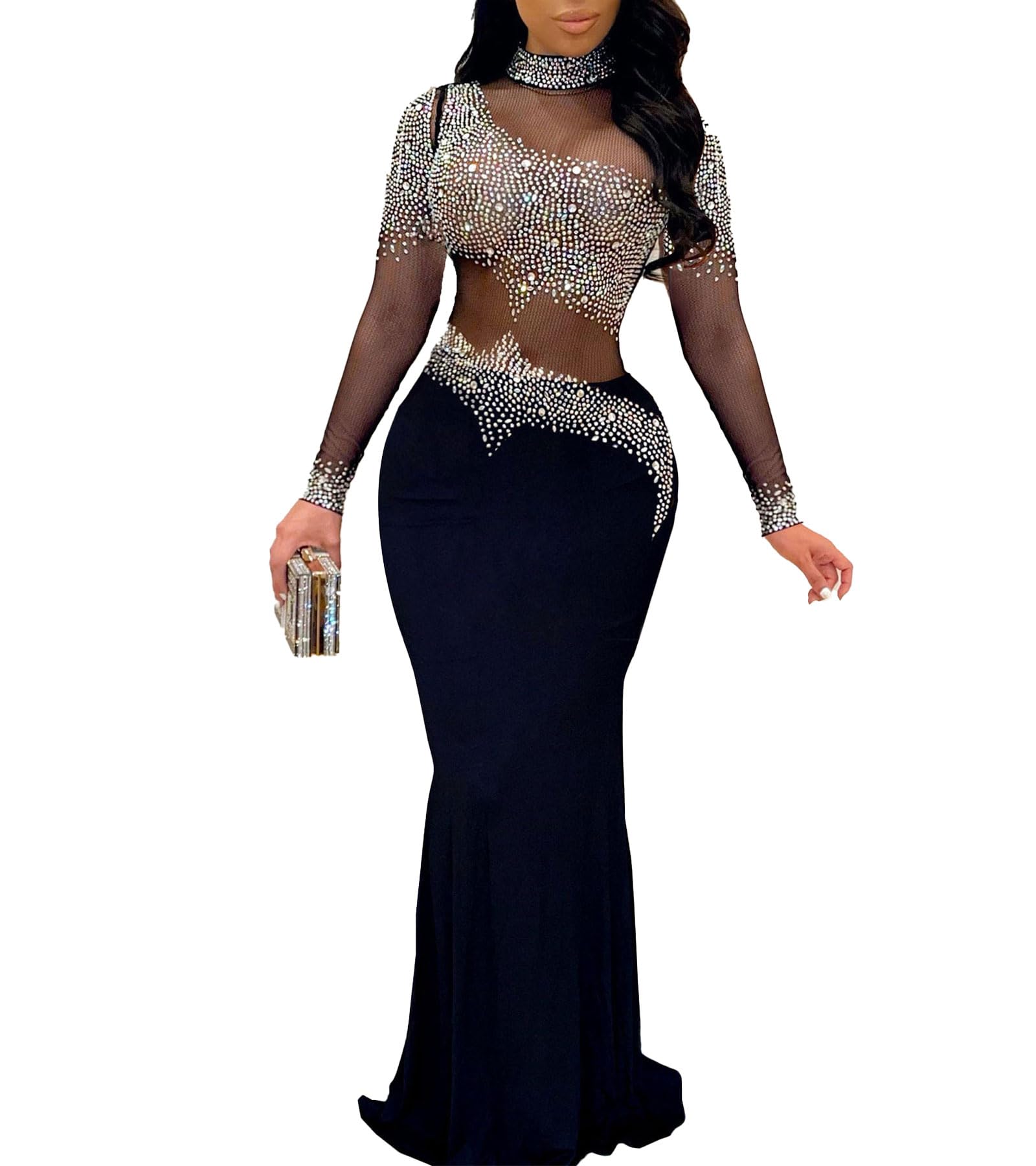 PORRCEY Women's Sexy Elegant Rhinestone Bodycon Dress Hot Drilling Clubwear