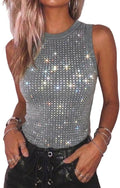 CHICME Women's Sleeveless Rhinestone Tank Tops Summer Sparkly Ribbed Tops | Basic Tank Tops for Women, Sleeveless Sparkly Tops, Ribbed Knit Fabric, Slim Fit Party Concert Y2K Outfit