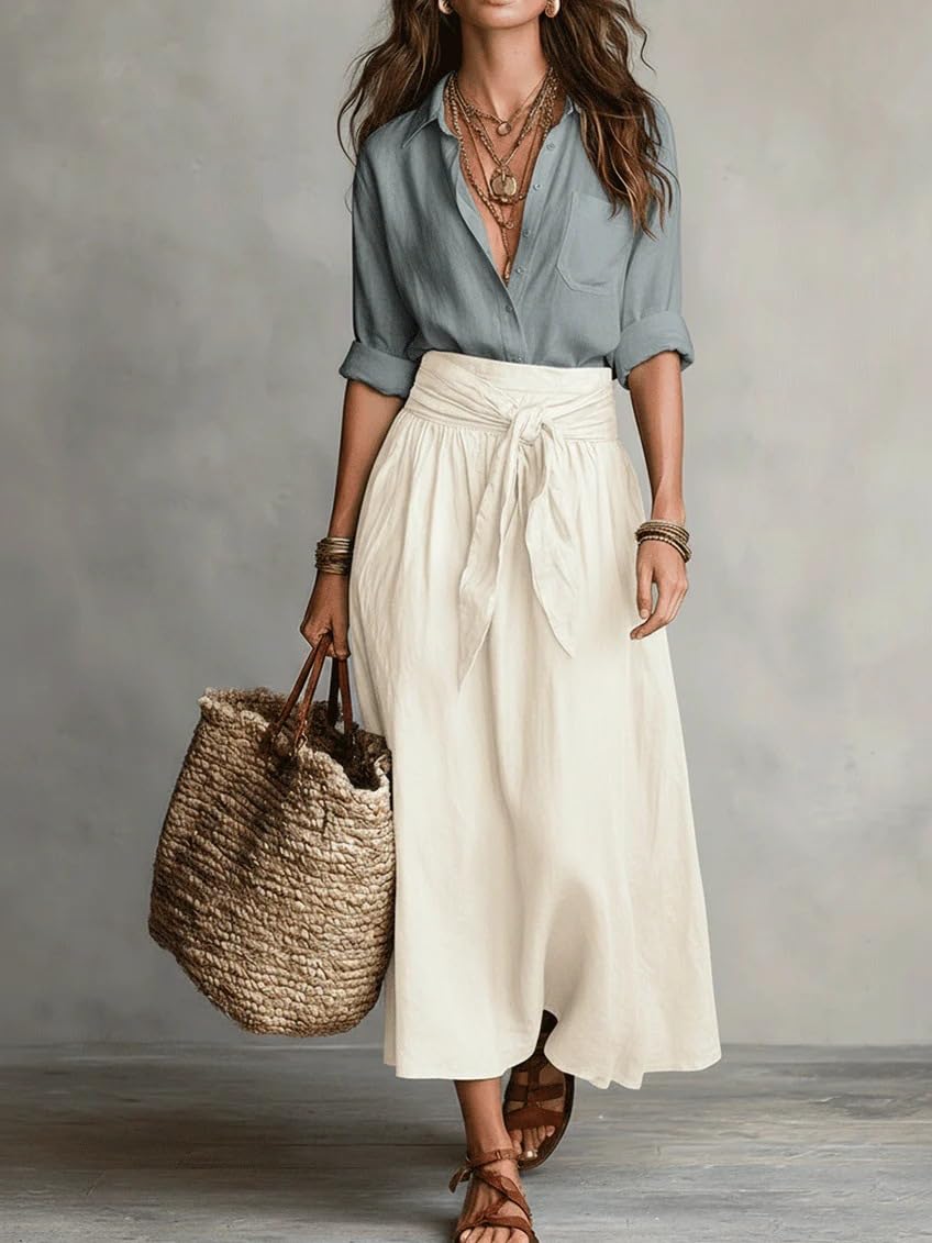 Women Boho Contrast 2 Piece Outfit, Long Sleeve Button Down Shirt & Tie Waist Flowy Midi Skirt Casual Vacation Set