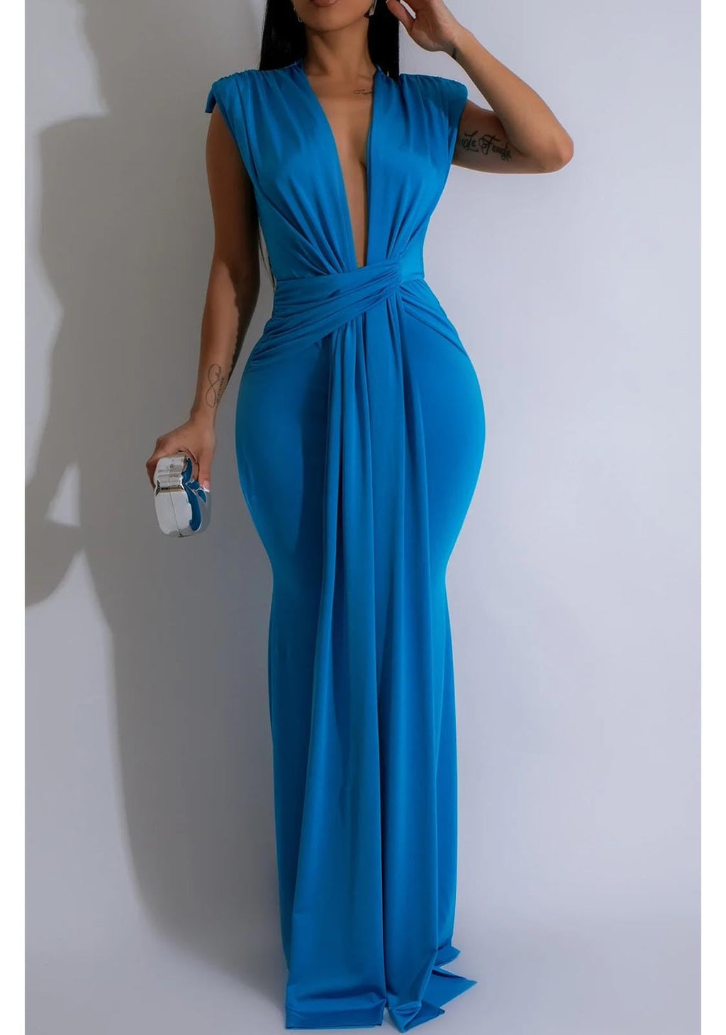 Yuopeid Women's Sexy Sleeveless Deep V Neck Fashion Ruched Bodycon Floor Length Formal Evening Party Maxi Long Dress