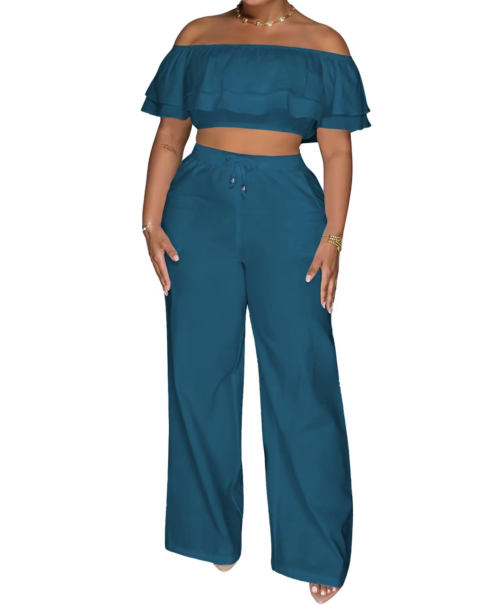 Adogirl 2 Piece Outfits for Women Ruffle Trim Crop Top Wide Leg Pants Set | 2 Piece Sets, Outfit for Women, Off Shoulder, Short Sleeve, Wide Leg Pants with Pockets, Sexy Outfits, Vacation Outfits