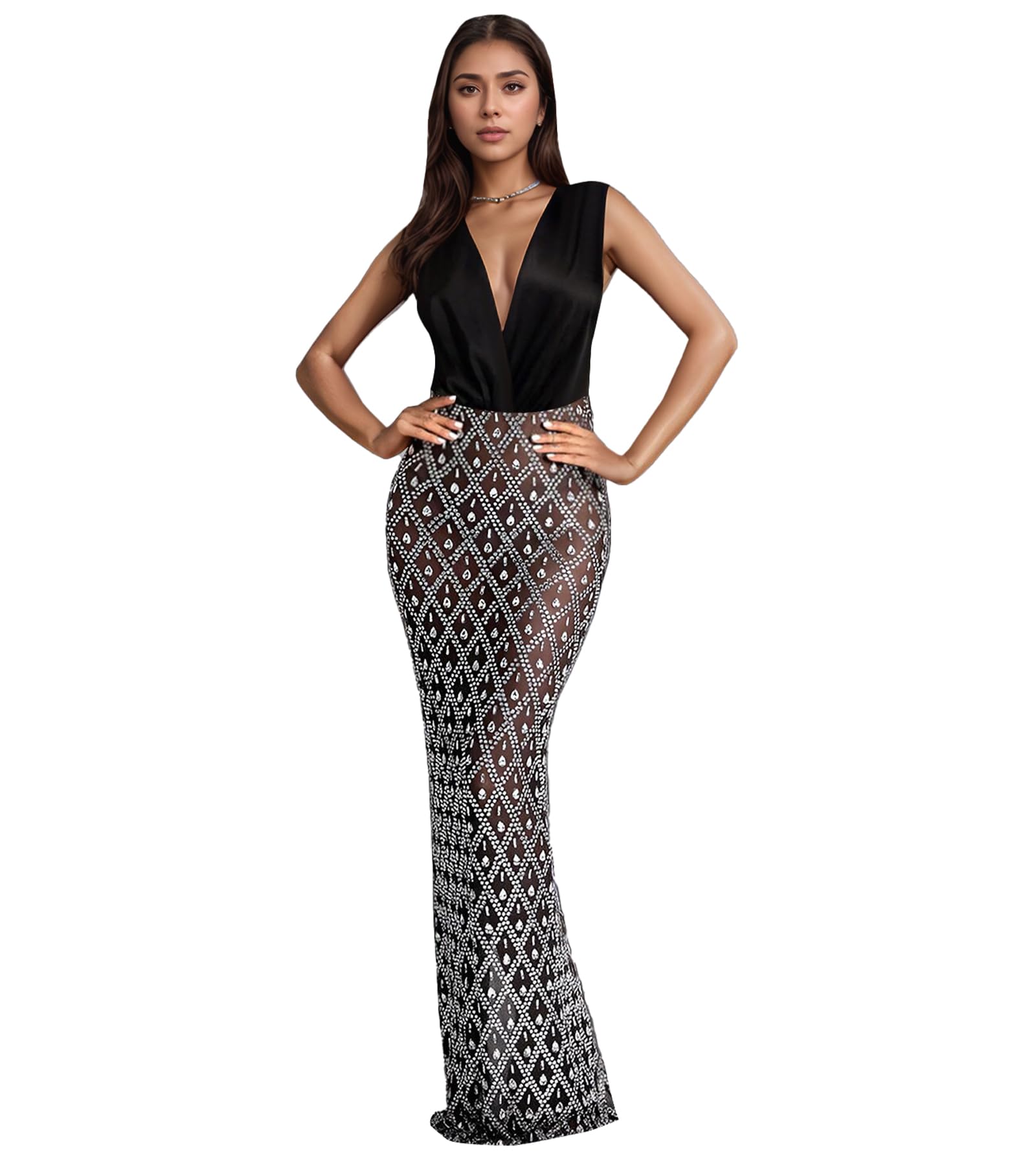 Nagfar Women's Sexy Elegant Rhinestone Mesh Glitter Party Night Out Dress