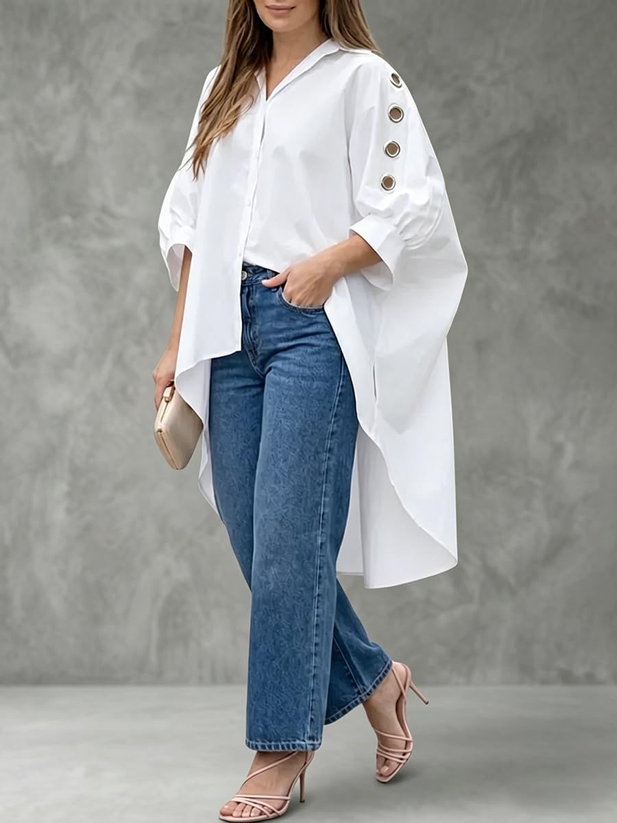 UOOZEE Womens Button Down Shirt Oversized 3/4 Puff Sleeve High Low Blouse