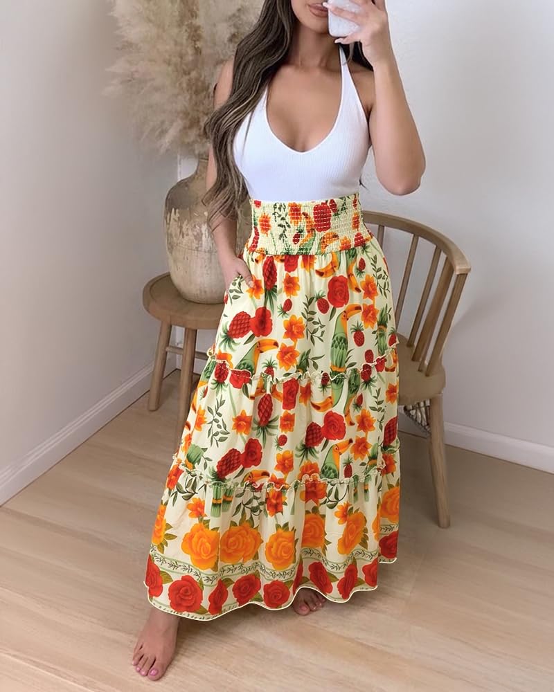 CHICME Women's Boho Floral Summer Maxi Skirt with Pockets Vacation Outfit | Shirred High Waist, Ruffle Hem, Lightweight Comfortable Fabric, A-Line Long Flowy Skirt for Beach, Travel & Daily Wear