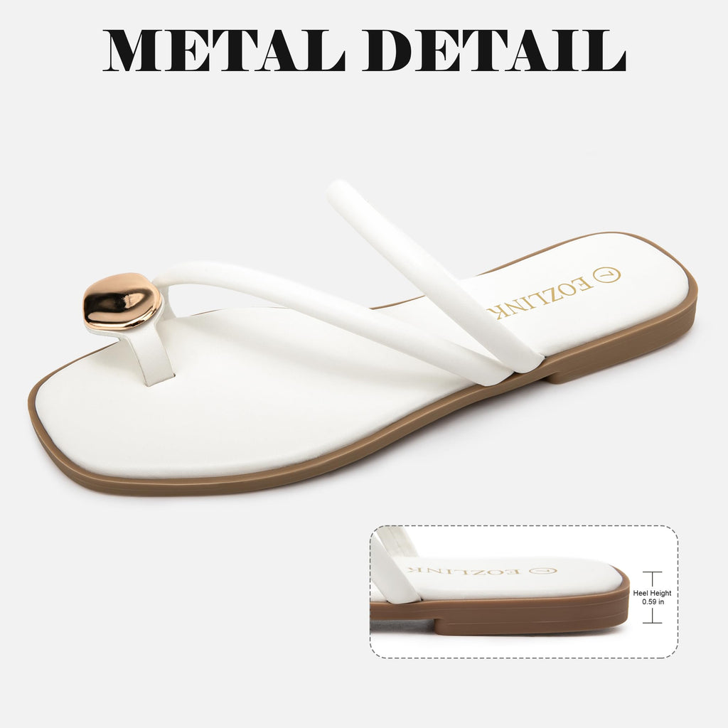 Eozlink Women's Toe Ring Flat Sandals, Slip On Dressy Summer Slides | PU Upper with Square Toe and Metal Accent for Resort and Casual Outfits