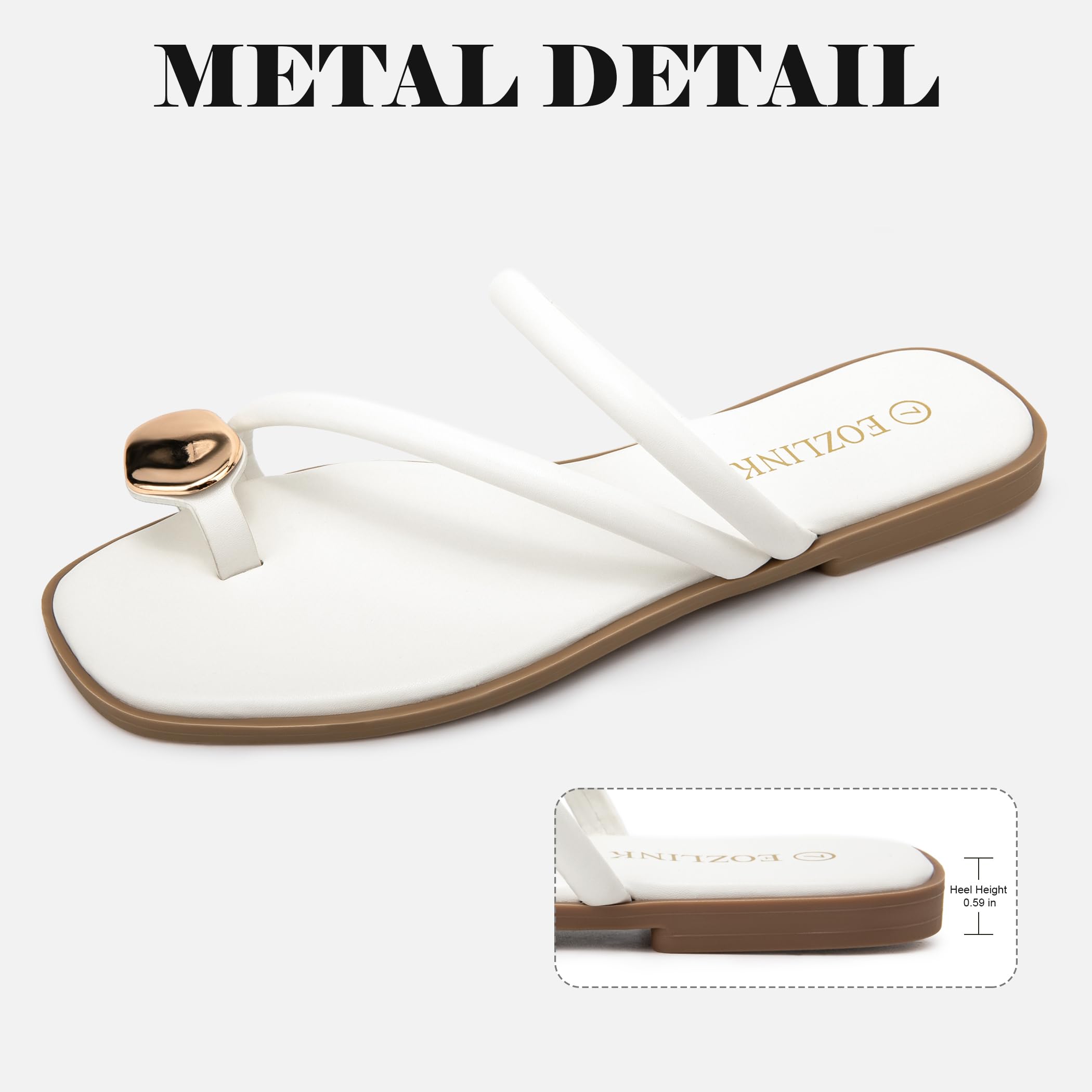 Eozlink Women's Toe Ring Flat Sandals, Slip On Dressy Summer Slides | PU Upper with Square Toe and Metal Accent for Resort and Casual Outfits