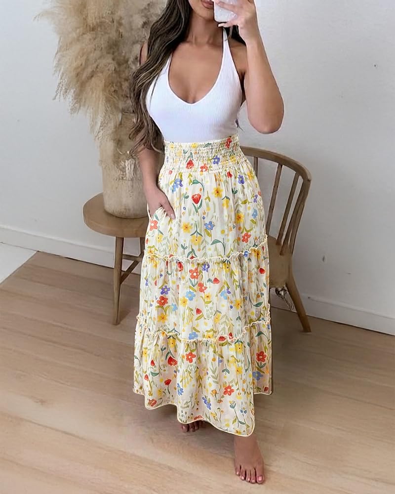 CHICME Women's Boho Floral Summer Maxi Skirt with Pockets Vacation Outfit | Shirred High Waist, Ruffle Hem, Lightweight Comfortable Fabric, A-Line Long Flowy Skirt for Beach, Travel & Daily Wear