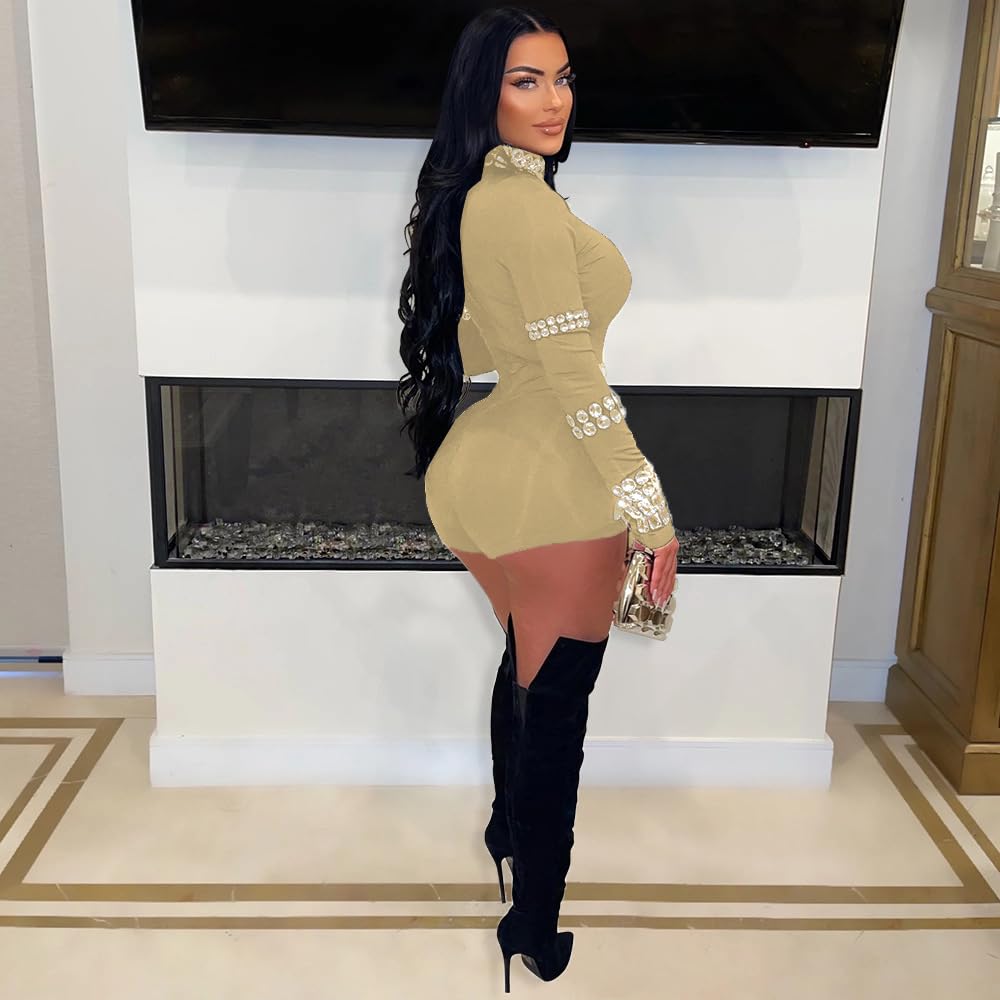 chicyes Women's Jumpsuits Sexy Long Sleeve Date Night Rompers Rhinestone Sparkly Party Club Spring Outfits Fall Concert