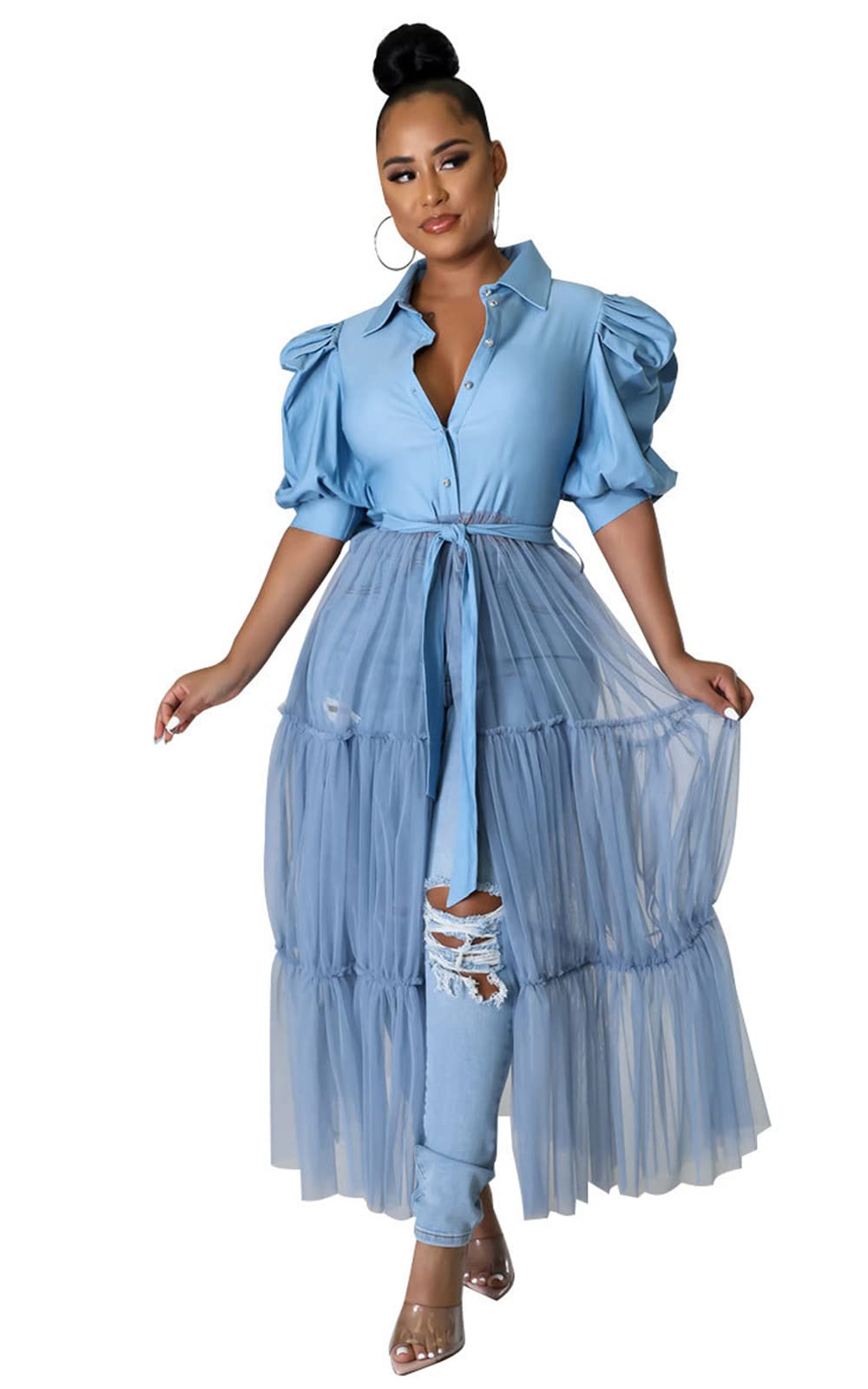 Ekaliy Women's Ruffle Blouse Shirt Asymmetrical Tunic Dress with Belt | Short sleeve,Bodycon,Ruffle,Club ,Party outfits,Asymmetrical Irregular Hem,Tops Blouse Shirt Dress