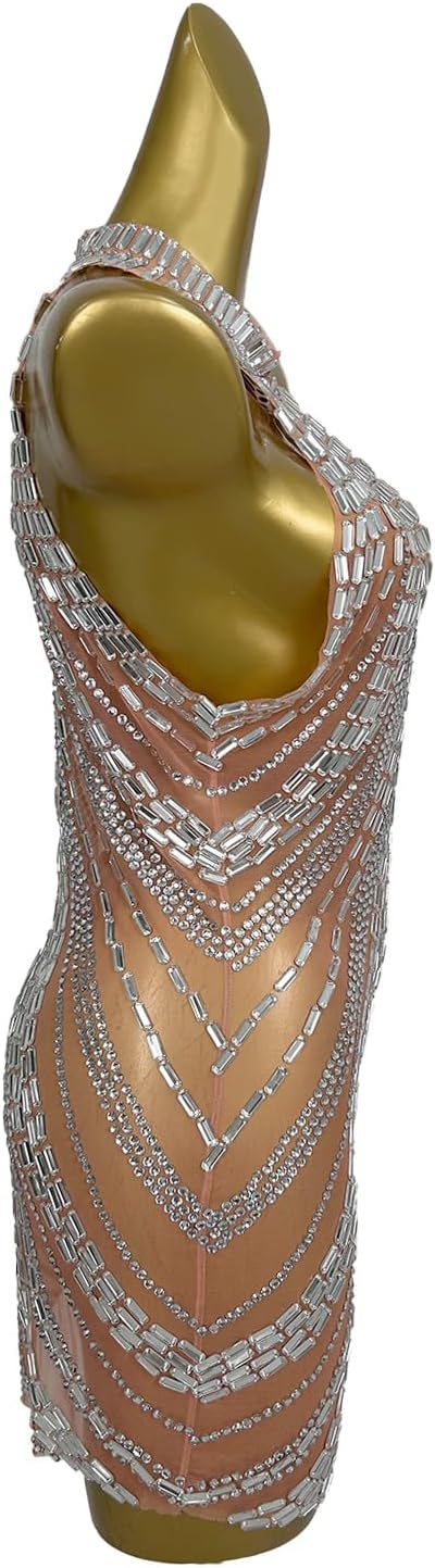 Women Rhinestones Short Prom Dress Nightclub Dancer Party Gowms Stage Performance Costume