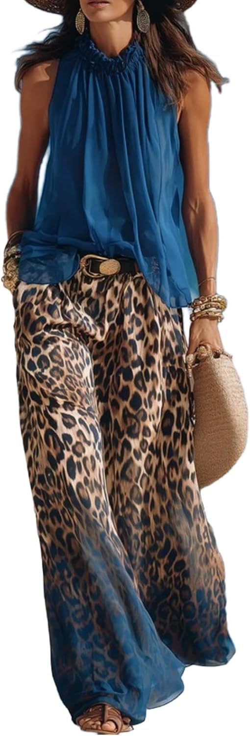 REASERAL Womens 2 Piece Outfit Chiffon Ruffle Top Leopard Print Gradient Wide Leg Pants Set Beach Vacation Two Piece Set