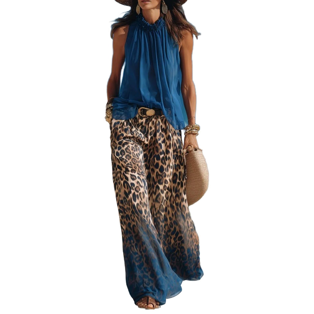 REASERAL Womens 2 Piece Outfit Chiffon Ruffle Top Leopard Print Gradient Wide Leg Pants Set Beach Vacation Two Piece Set