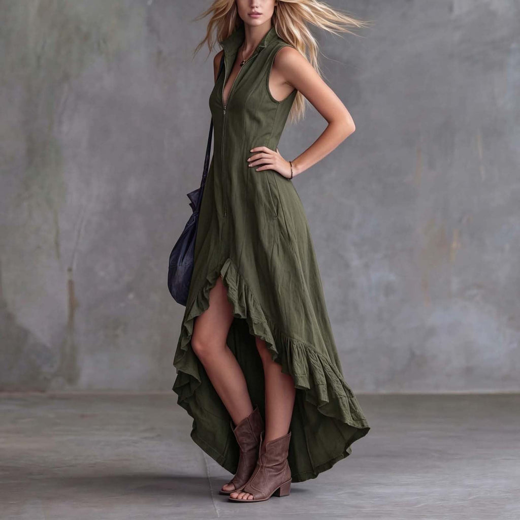 YMADREIG Boho Dresses for Women 2026 Cotton Linen Western Maxi Dress Summer Sleeveless High Low Ruffle Hem Dress with Pocket
