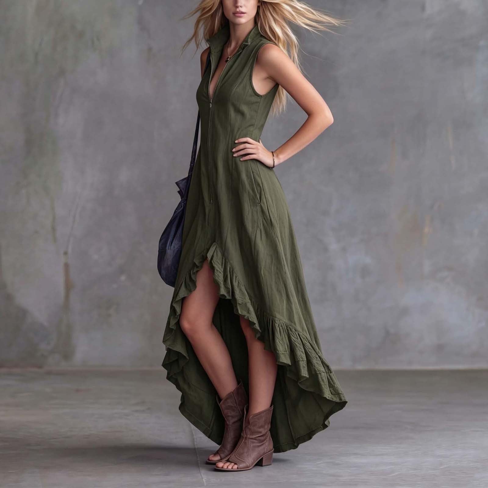YMADREIG Boho Dresses for Women 2026 Cotton Linen Western Maxi Dress Summer Sleeveless High Low Ruffle Hem Dress with Pocket