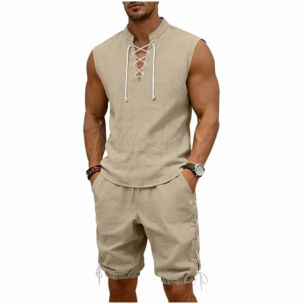 Cambkatl 2 Piece Outfits for Men Lightweight Linen Shorts Set Laceup V Neck Sleeveless Tank Top Matching Sets with Pockets