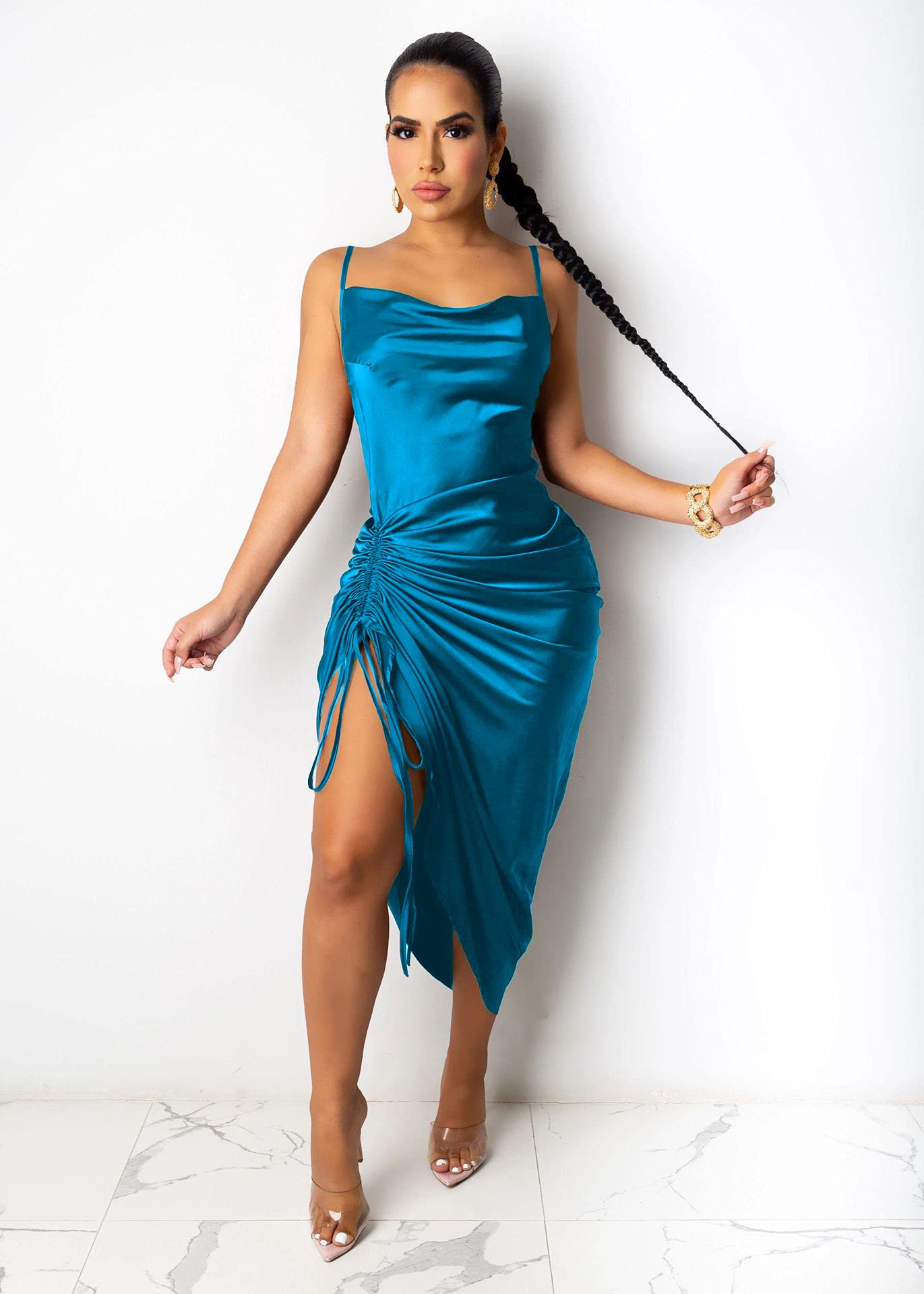 Women's Spaghetti Strap Satin Dress Sexy Backless Drawstring Ruched Split Hem Cocktail Evening Party