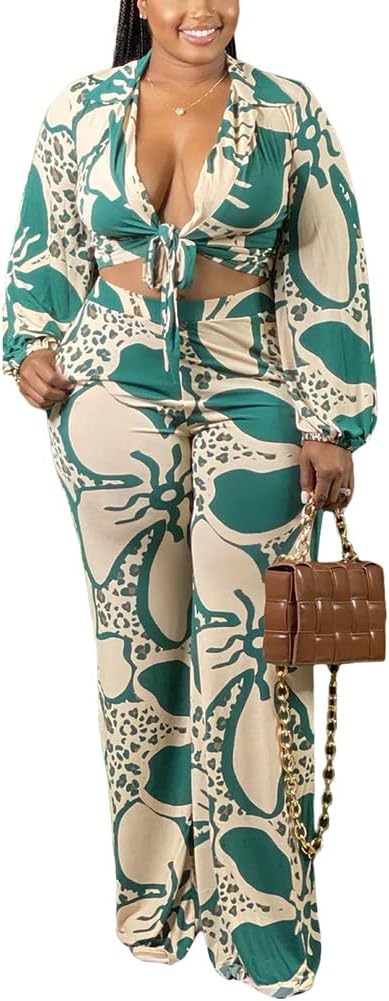 2 Piece Outfits for Women Sexy V Neck Print Shirts Tie Knot Batwing Blouses Crop Top Wide Leg Pants Set