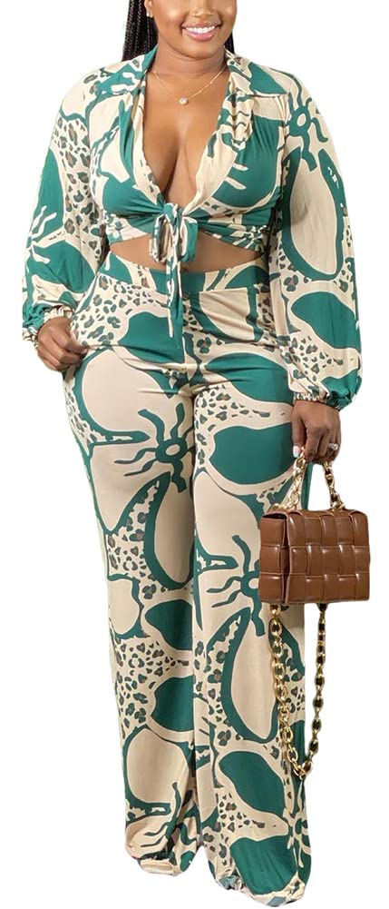 2 Piece Outfits for Women Sexy V Neck Print Shirts Tie Knot Batwing Blouses Crop Top Wide Leg Pants Set