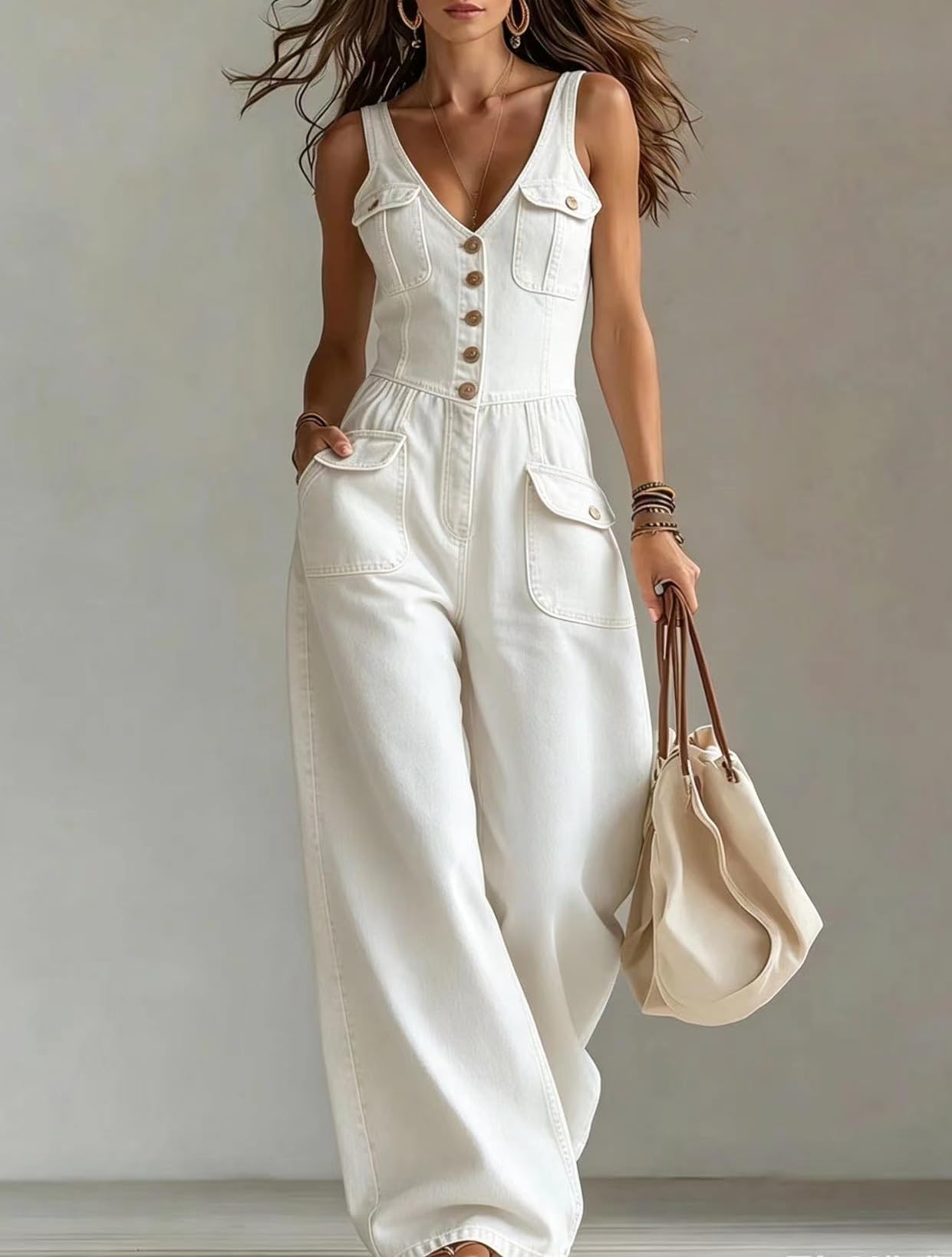 Denim Jumpsuit For Women Sleeveless V Neck Button Front Wide Leg Pants Casual Outfit
