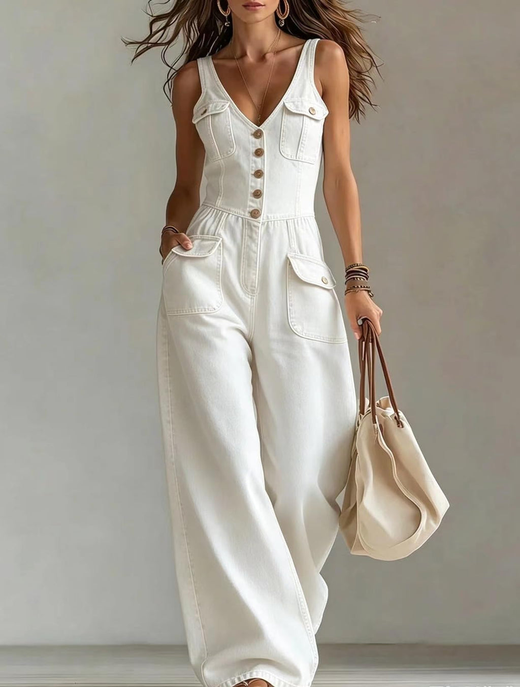 Denim Jumpsuit For Women Sleeveless V Neck Button Front Wide Leg Pants Casual Outfit