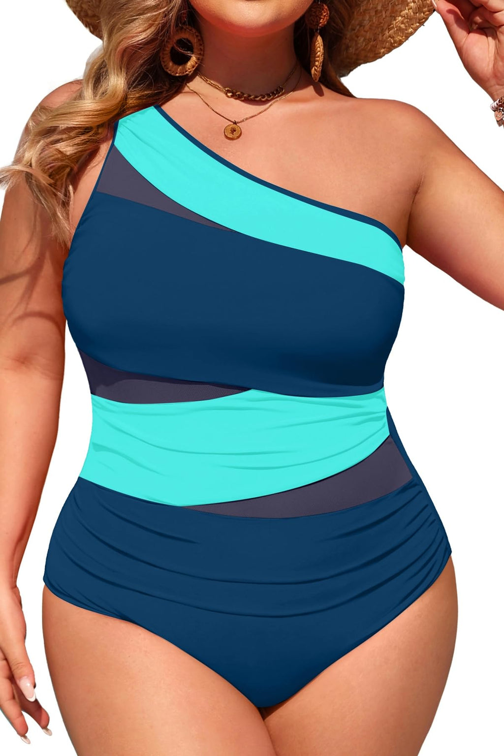 Plus Size One Piece Swimsuit for Women - One Shoulder Bathing Suit | Removable and Adjustable Strap, Detachable pads, Flatter midsection via front mesh, Drape diagonal folds to hide bulk