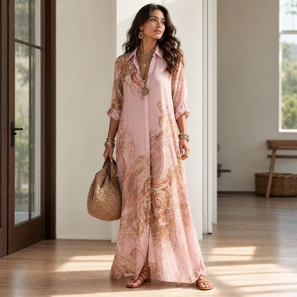 Women's Baroque Print Maxi Shirt Dress V Neck 3/4 Sleeve Button Down Flowy Casual Loose Boho Long Dress