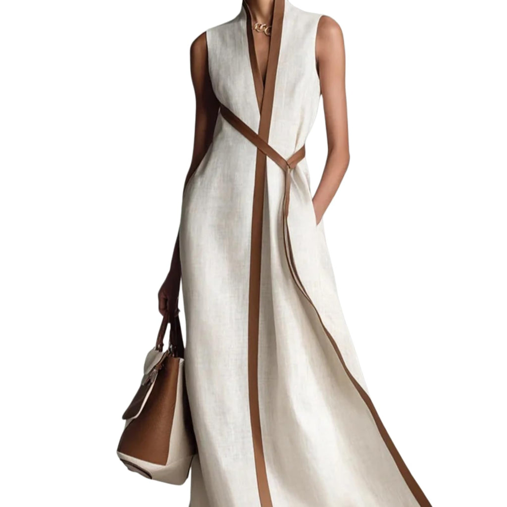 Women's Stand Up Collar Sleeveless Casual Loose Cotton and Linen Color Block Dress Casual Loose Beach Vacation Summer Dress