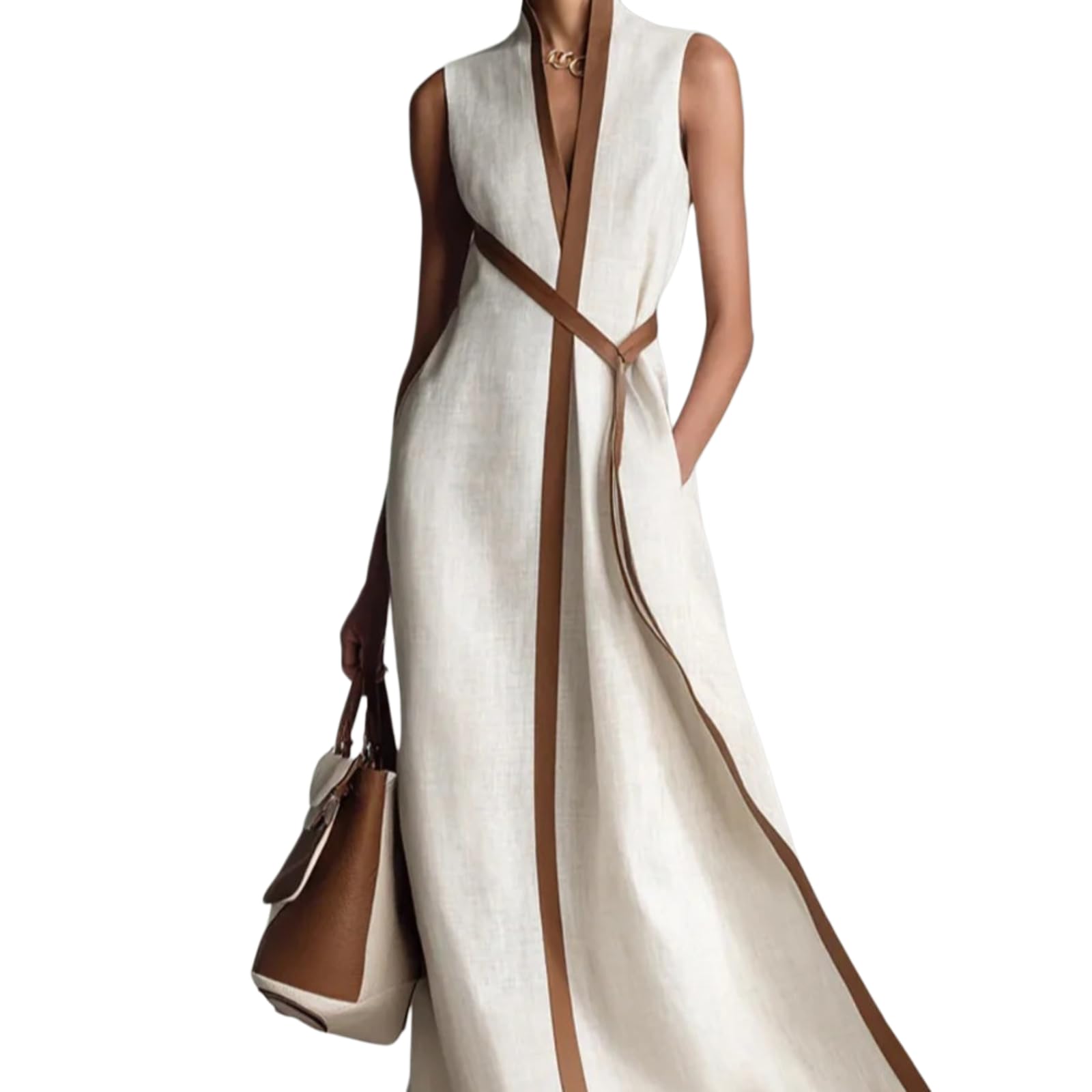 Women's Stand Up Collar Sleeveless Casual Loose Cotton and Linen Color Block Dress Casual Loose Beach Vacation Summer Dress
