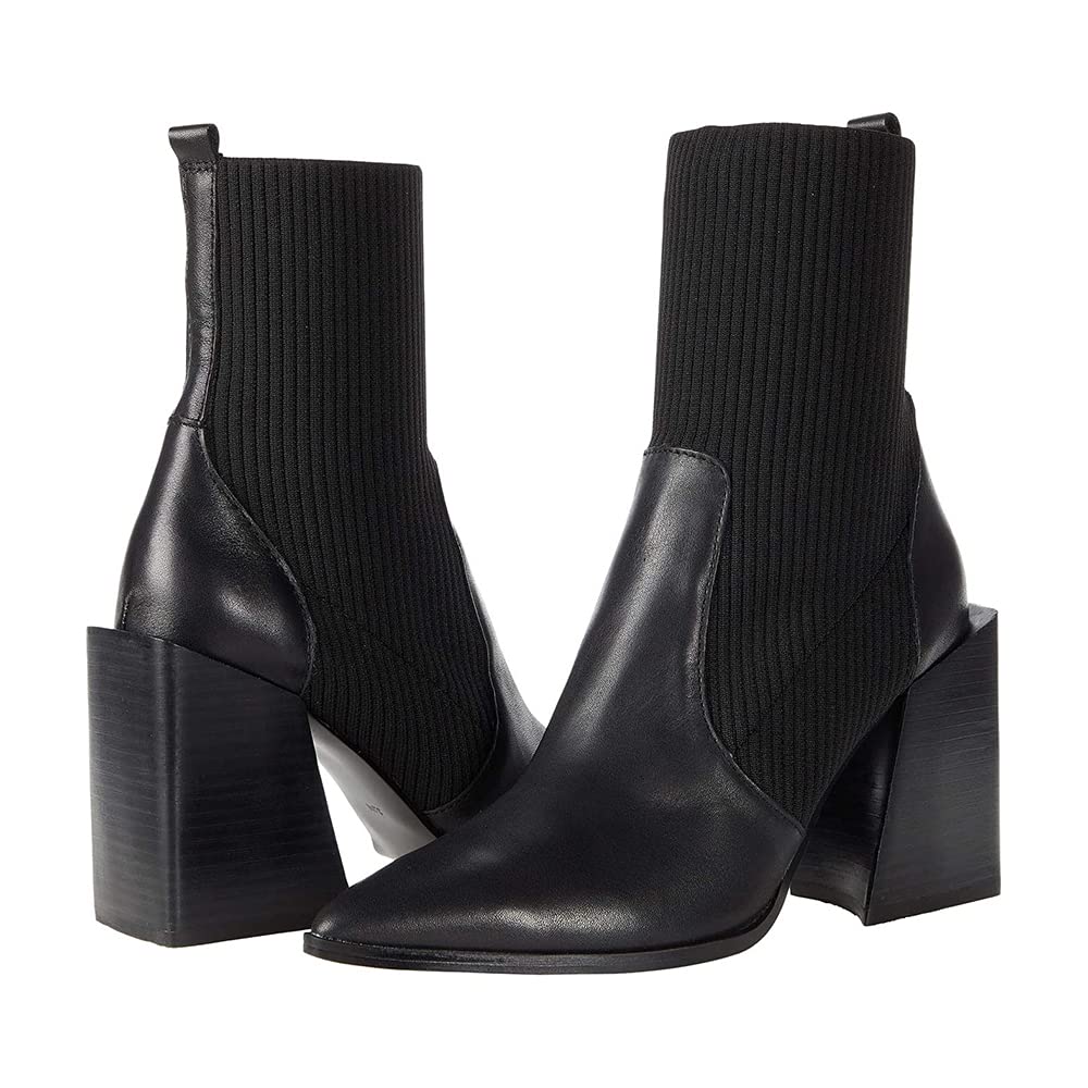 Womens Chunky Stacked Heel Ankle Boots Pointed Toe Booties Slip On Ribbed Knit Sock Boot