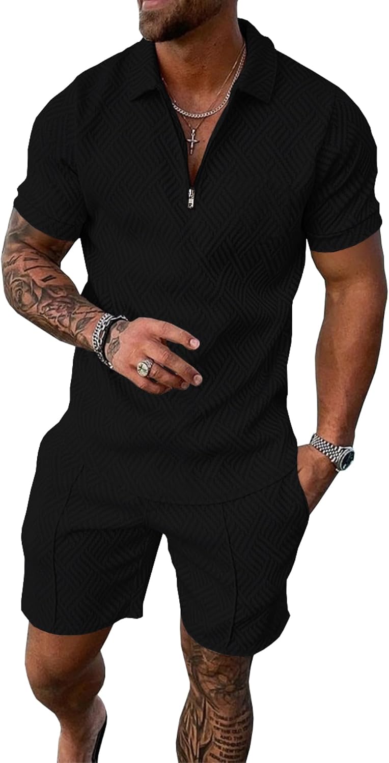 Mens Summer Track Suits 2 Piece Shorts Sets Short Sleeve Sweatsuit Outfits 1/4 Zip Golf Polo Shirts Loungewear