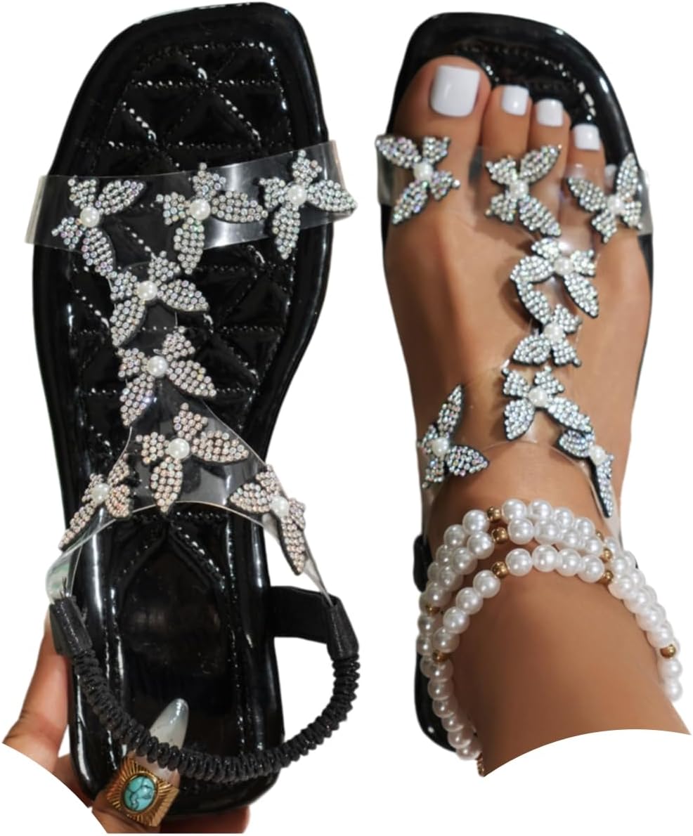 Women's Butterfly Rhinestone Flat Sandals Glitter Sparkly Bling Strappy Open Toe Elegant Transparent Elastic Strap Gladiator Sandals for Dressy Summer Wedding Bridal Prom Travel Daily Wear