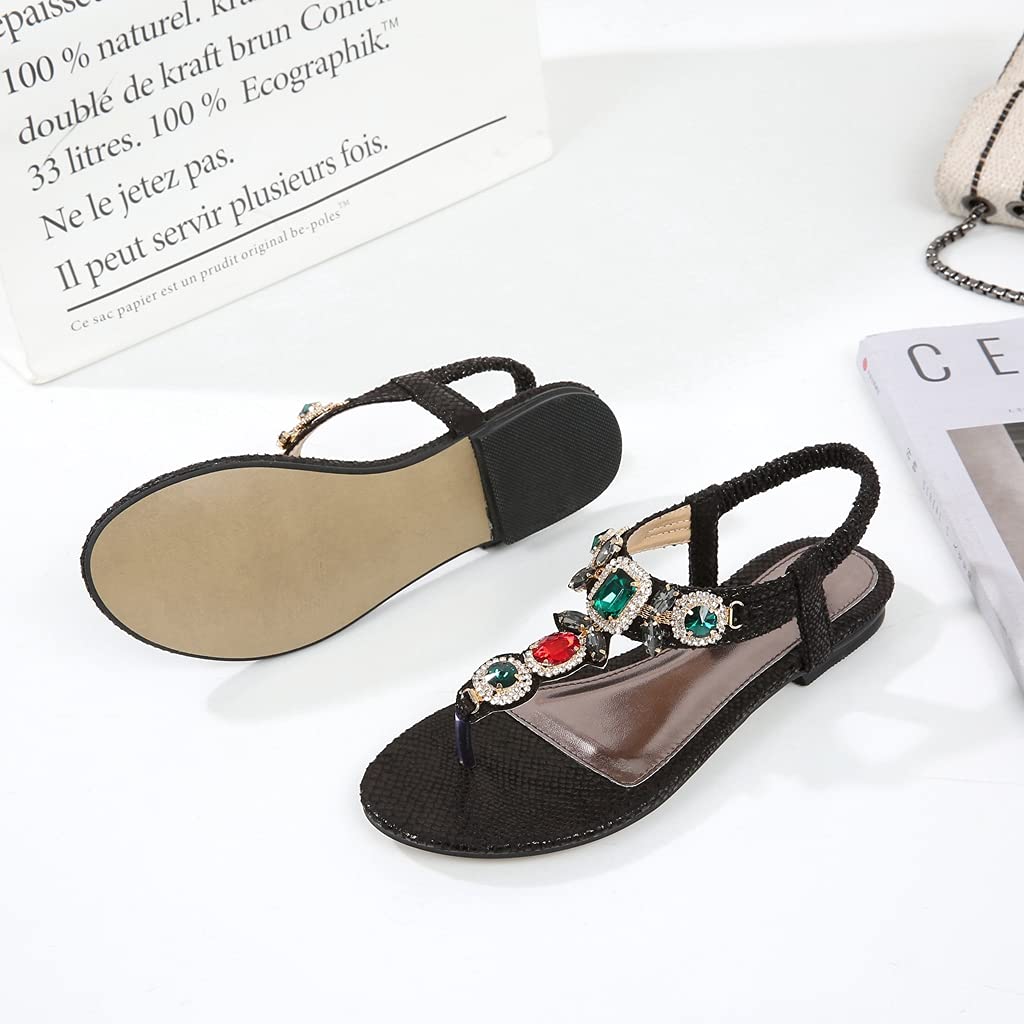 MIOKE Women's Bohemia Bling Jeweled Flat Sandals T-strap Clip Toe Cutout Slingback Summer Beach Flipflops