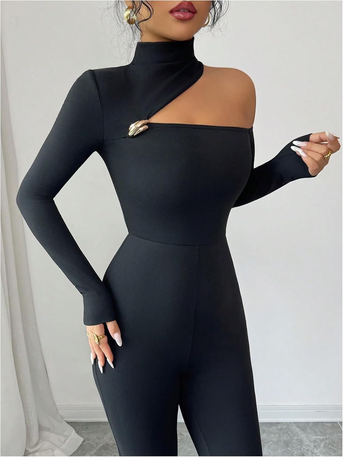 SweatyRocks Women's High Neck Long Sleeve Jumpsuit Elegant Cut Out Fitted Jumpsuit Office Outfits