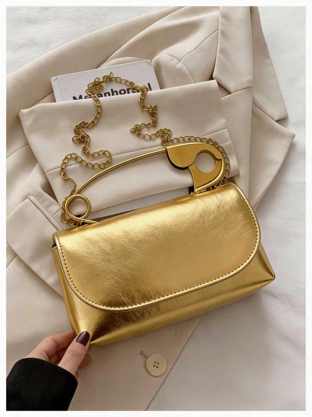 Women's Unique Safety Pin Crossbody Purse | Leather Clutch Bag Gold Handles Chain novelty clutch