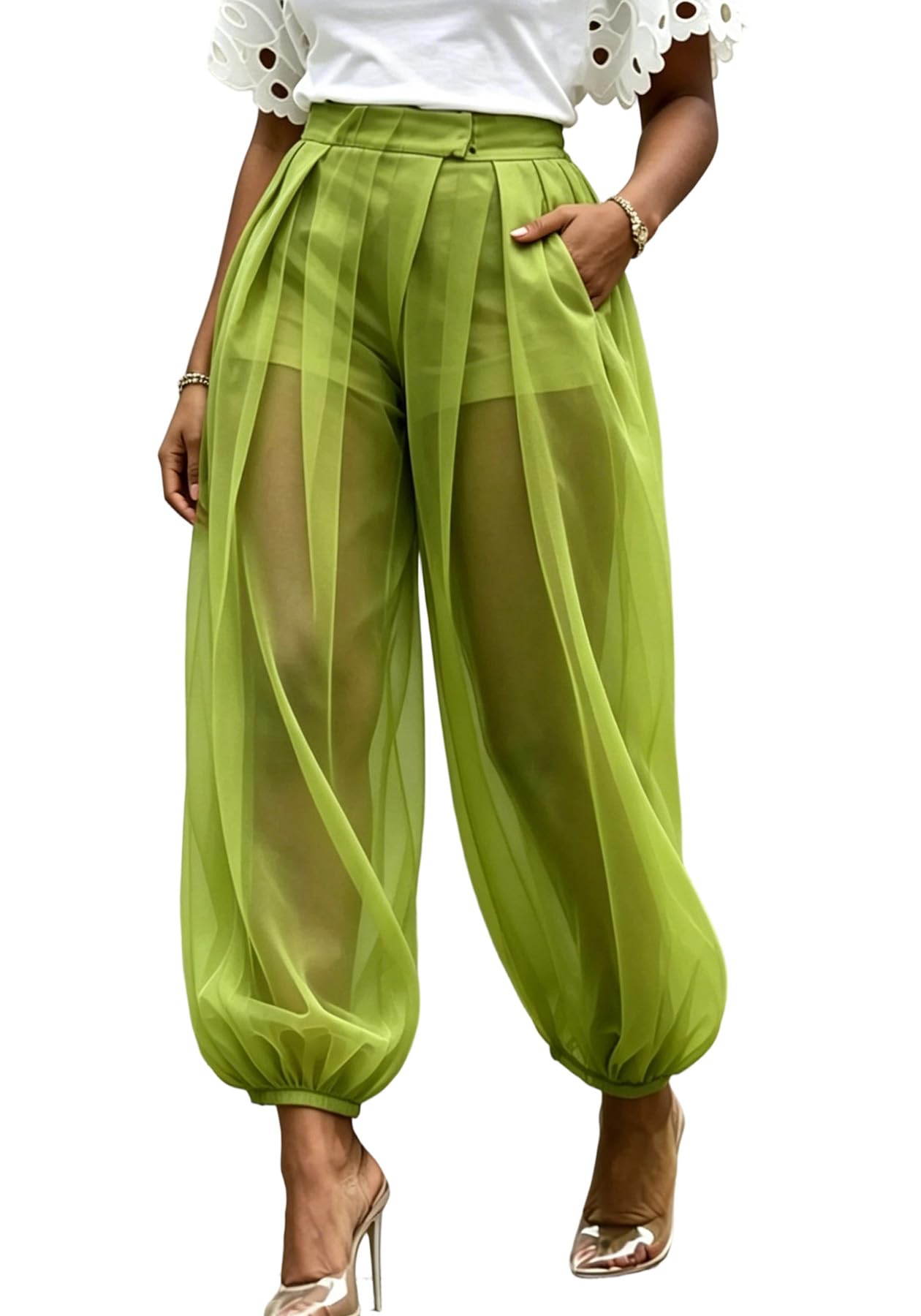Molisry Women Sheer Mesh Pants Bubble Tulle Patchwork Pants Balloon Trouser | Loose Fit Cover Up Trousers,Built In Shorts Lining